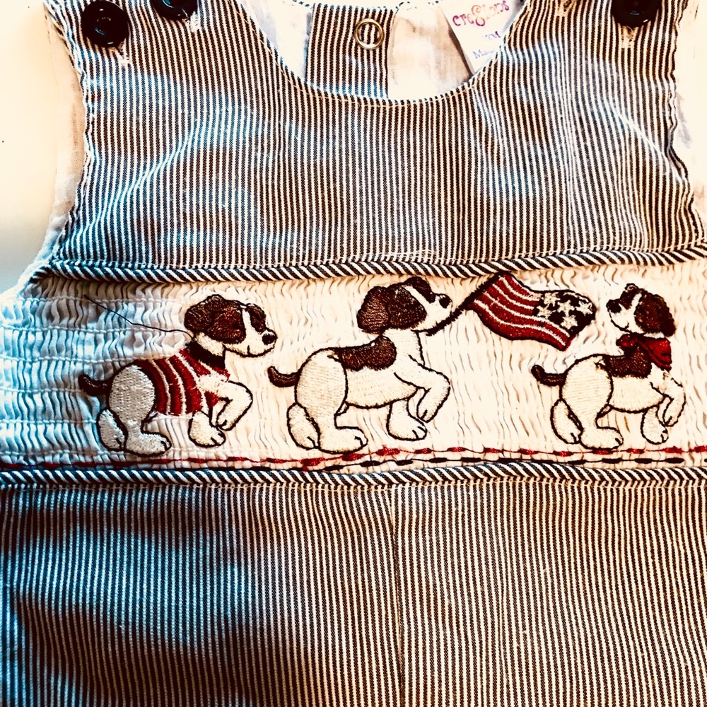 Boutique Boys Smocked Puppies Shortall Sz 12  M